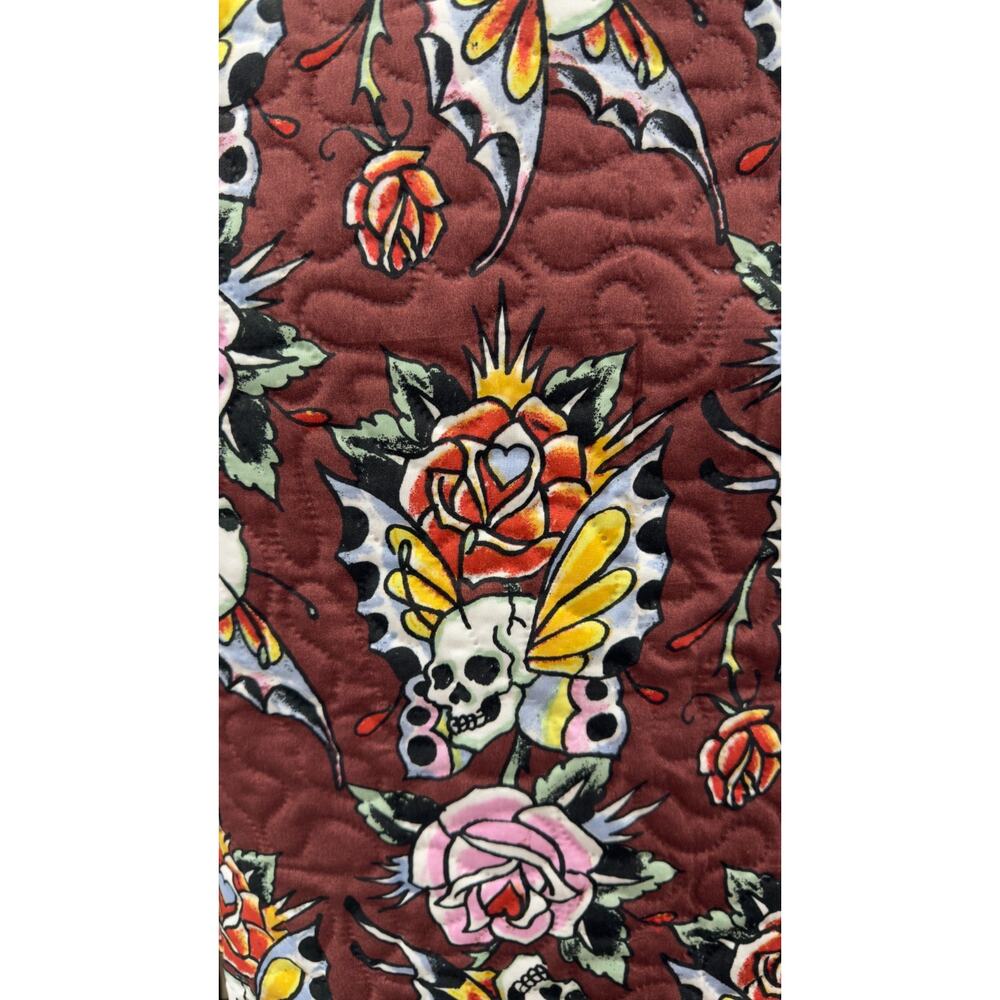 Ed Hardy 3-Piece Maroon Tattoo Skulls/Roses Queen Quilt Set - NEW - Picture 4 of 4